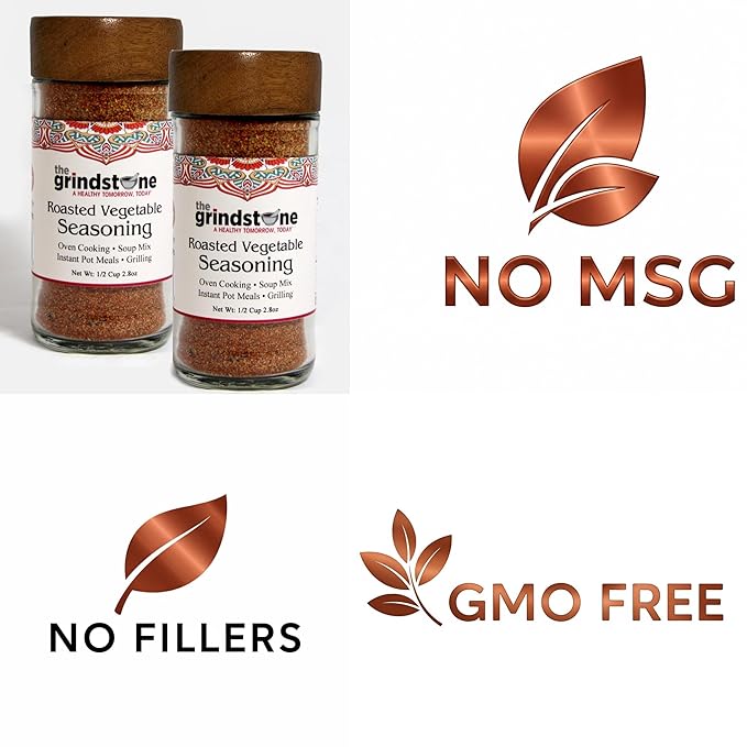 The Grindstone, Roasted vegetable seasoning and spice mix, Hand blended rubs and spices for roasting, baking, bbq, 2.8 oz. Glass Jar with Sifter, Pack of 2