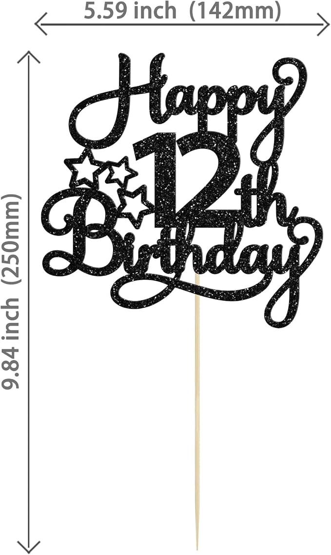 1 Pack Happy 12th Birthday Cake Topper Glitter Heart Star 12 Fabulous Cake Pick Birthday Sign Cake Decorations for Children 12th Birthday Theme Party Supplies Black
