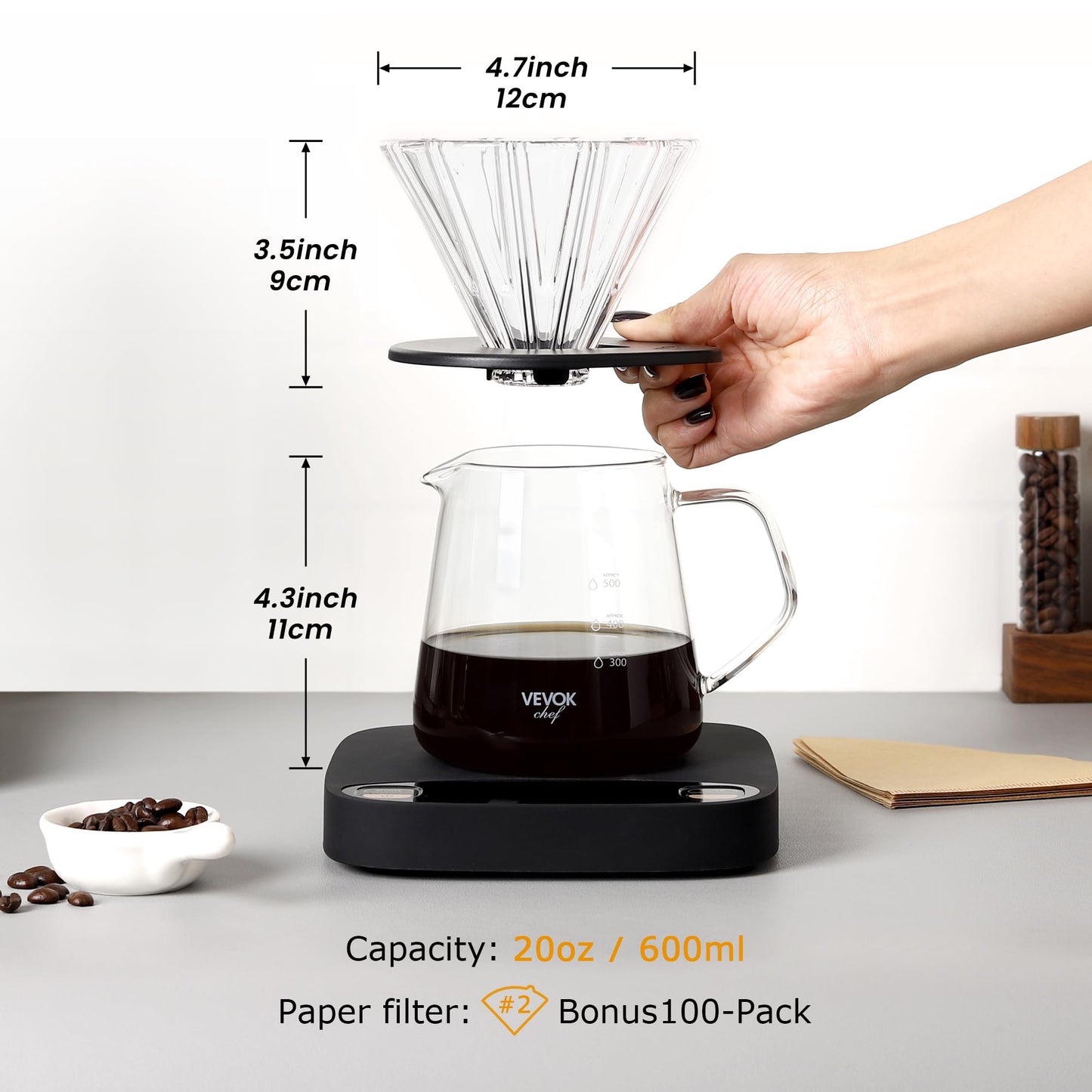 VEVOK CHEF Pour Over Coffee Maker Set, 20 Oz Borosilicate Glass Server Carafe and Glass Coffee