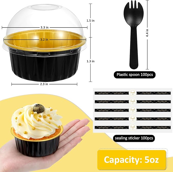 Mini Cake Pans with Lids and Spoons (100 Pack,Black,5oz) Round Disposable Ramekins - Sturdy Aluminum Foil Cupcake Liners with Lids for Dessert and Party