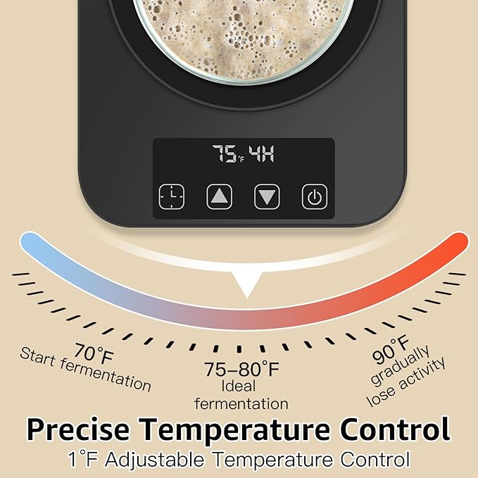 Sourdough Starter Warmer 3.0 – Precise 1°F Thermostat Control (70–100°F), Auto On/Off, 12-Hour Timer, Fits Jars Up to 40oz, Ideal for Home Baking and Fermentation