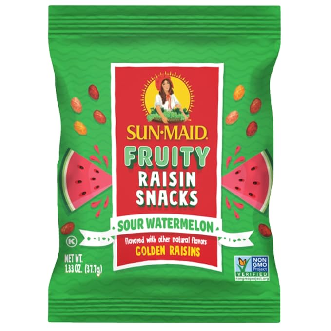 Sun-Maid Sour Watermelon Fruity Raisin Snacks - (200 Pack) 1.33 oz Pouches - Sour Watermelon Raisins - Dried Fruit Snack for Lunches and Snacks