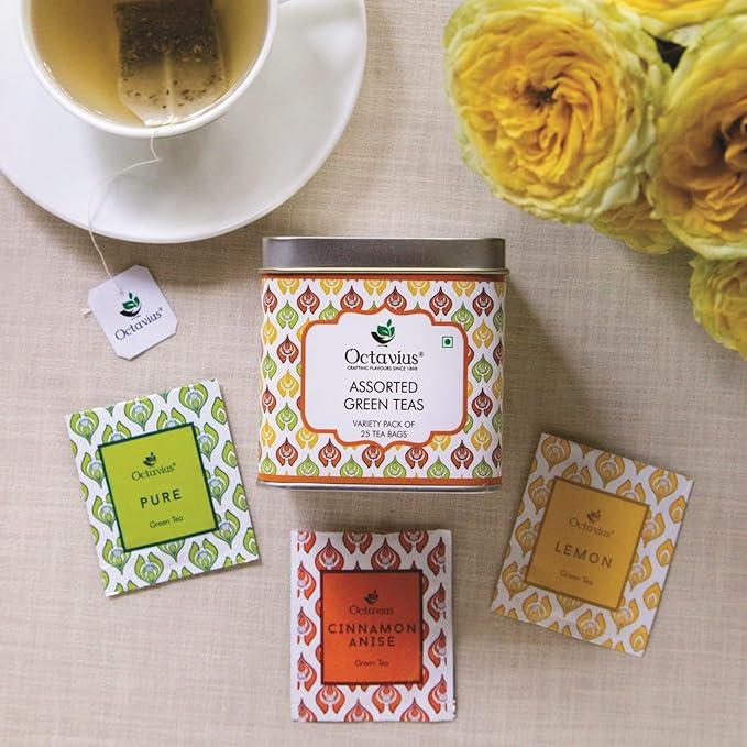 Octavius Green Tea Variety Pack | 3 Assorted Green Teas ??Lemon Honey, Cinnamon Anise & Pure Green | 25 Tea Bags Each | Detox & Antioxidant-Rich | Tea Sampler Pack | Pack of 4