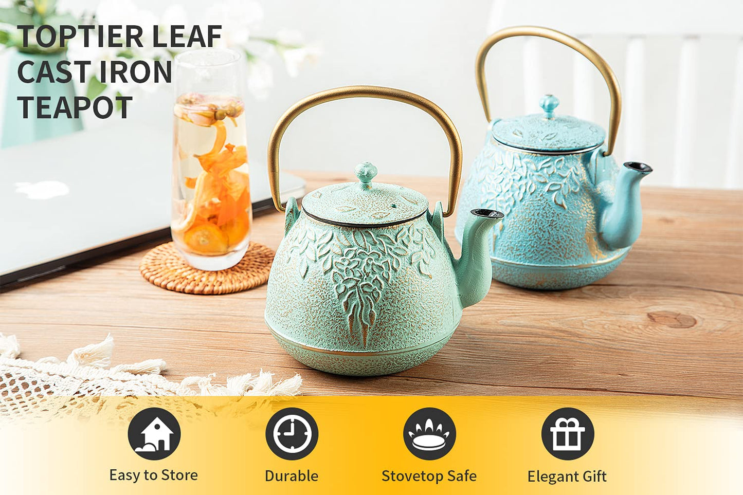 TOPTIER Japanese Teapot with Stainless Steel Infuser, Cast Iron Tea Kettle Stovetop Safe, Leaf