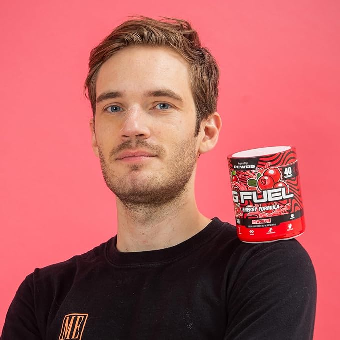 G Fuel PewDiePie Energy Drink Powder, Pre Workout Caffeine Mix for Gaming, Sugar Free Focus Amino, Vitamin + Antioxidants, 9.9oz (Lingonberry, 40 Servings)