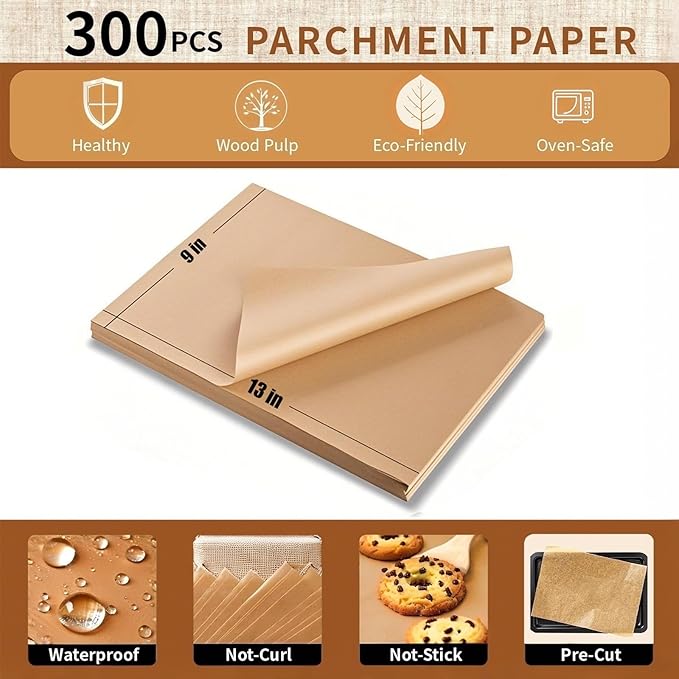 300PCS Parchment Paper Baking Sheets, 9x13 Inch,Non-Stick Precut Baking Parchment,Heavy Duty Unbleached Parchment Paper for Air Fryer, Oven, Bakeware, Steaming, Cooking Bread, Cupcake, Cookies
