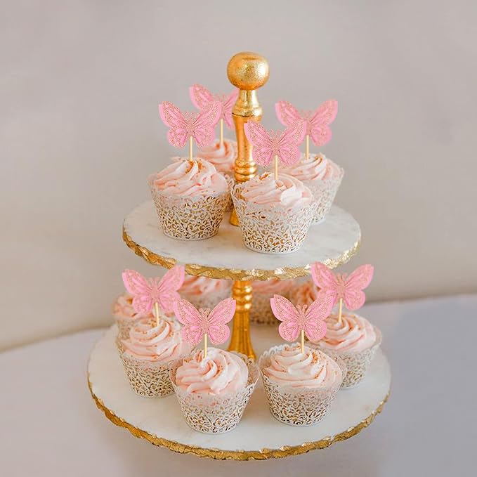 24PCS Butterfly Cupcake Toppers 3D Double Layers Hollow Cupcake Picks Baby Shower Cake Decorations Supplies for Butterfly Theme Wedding Anniversary Baby Shower Party Pink