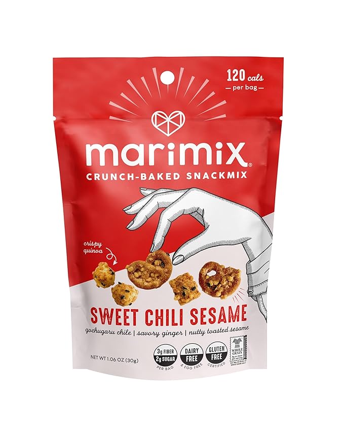 Marimix Snack Mix | Crunch Baked Sweet & Salty Savory Plant Based Naturally Gluten Free Whole Grain Fiber Charcuterie Pretzel Trail Party Mix | No Artificial Ingredients | 12 Count (Mini Sweet Chili Sesame)