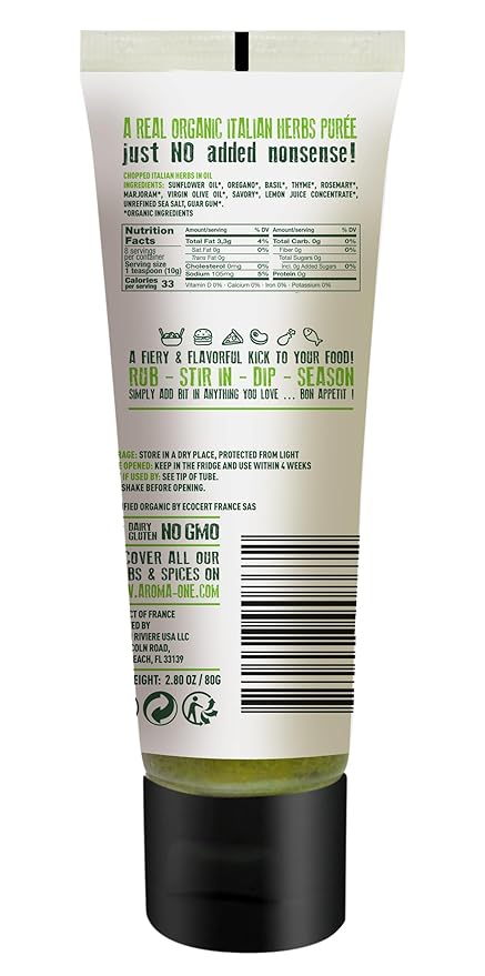 Aroma One Italian Herbs Puree Paste - Organic Herb Concentrate for Cooking, Seasoning & Sauces - Fresh Flavor Enhancer, Non-GMO, Gluten-Free, Vegan - Easy Squeeze Tube - 80g (2-Pack)