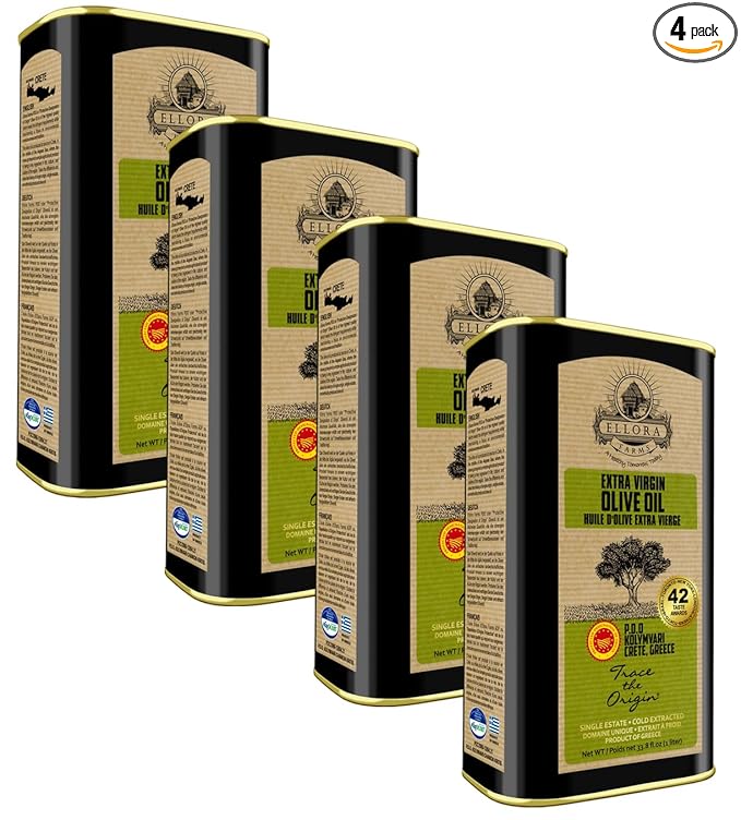 Ellora Farms, Single Estate PDO Greek Extra Virgin Olive Oil, Cold Pressed & Traceable Olive Oil, Kosher, 1 Lt Tin (33.8 oz.), Pack of 4