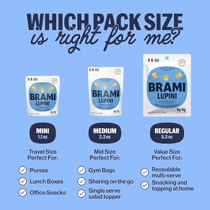 BRAMI Lupini Beans Snack, Sea Salt & Vinegar | 7g Plant Protein, 0g Net Carbs | Vegan, Vegetarian, Keto, Plant Based, Mediterranean Diet, Non Perishable | 5.3 Ounce (8 Count)