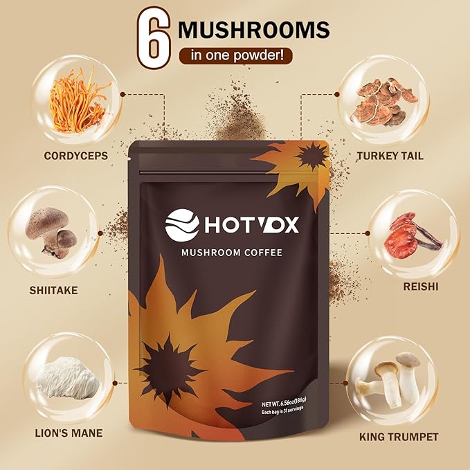 Hotvox Mushroom Coffee - Organic Instant Coffee Powder with Mushroom - 6.56 oz 30 Servings