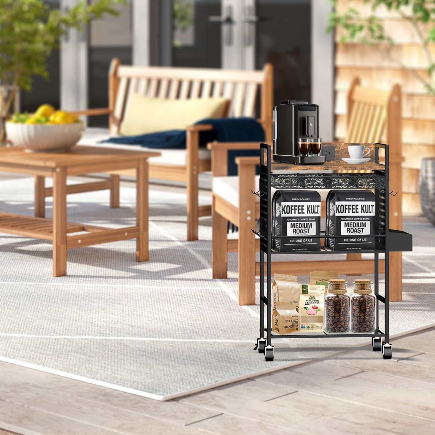 Compact Coffee Bar Cabinet, Rustic Brown & Black