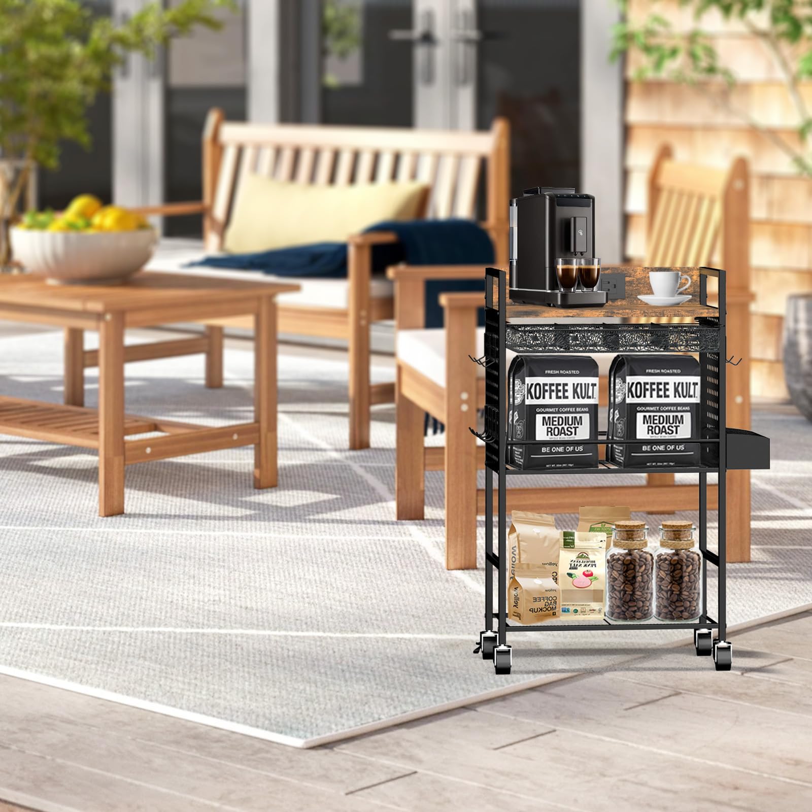 Compact Coffee Bar Cabinet, Rustic Brown & Black