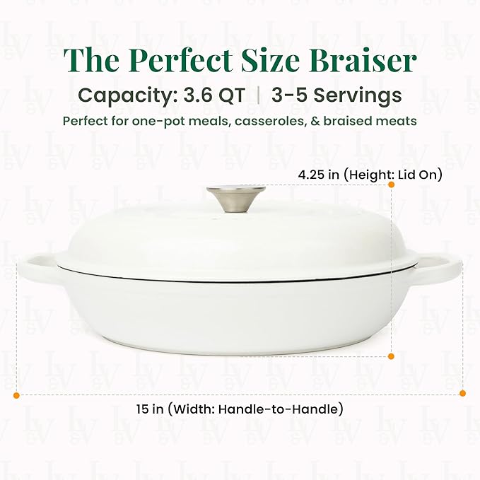 Larder & Vine Enameled Cast Iron Braiser | 3.6 qt Braiser Pan with Lid | Shallow Dutch Oven Compatible on All Cooktops | Casserole Dish Oven Safe to 500ì§?F | Dual Handles | White