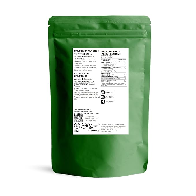 Food to Live California Almonds, 1 Pound – Supreme, Whole, Raw, Unsalted, Unroasted Nuts, Natural.