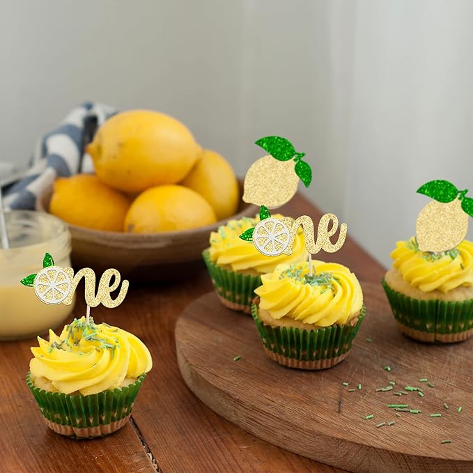 24Pcs Lemon One Cupcake Toppers Glitter Fruit Lemonade First Birthday Cupcake Picks for Lemon Theme Baby Shower 1st Birthday Party Cake Decorations Supplies