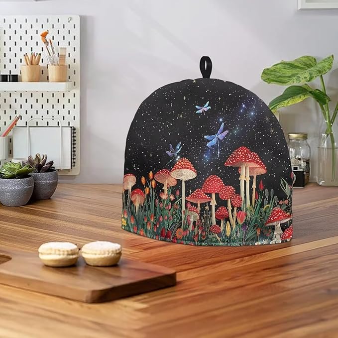 Mushroom Dragonfly Tea Cozy Cover Warmth Keep Teapot Cover Insulated for Coffee Tea Drinkers Reusable Domed Thick Tea Cozies Scratch Proof Teapot Cozy Breakfast Warmer with Cotton Filling