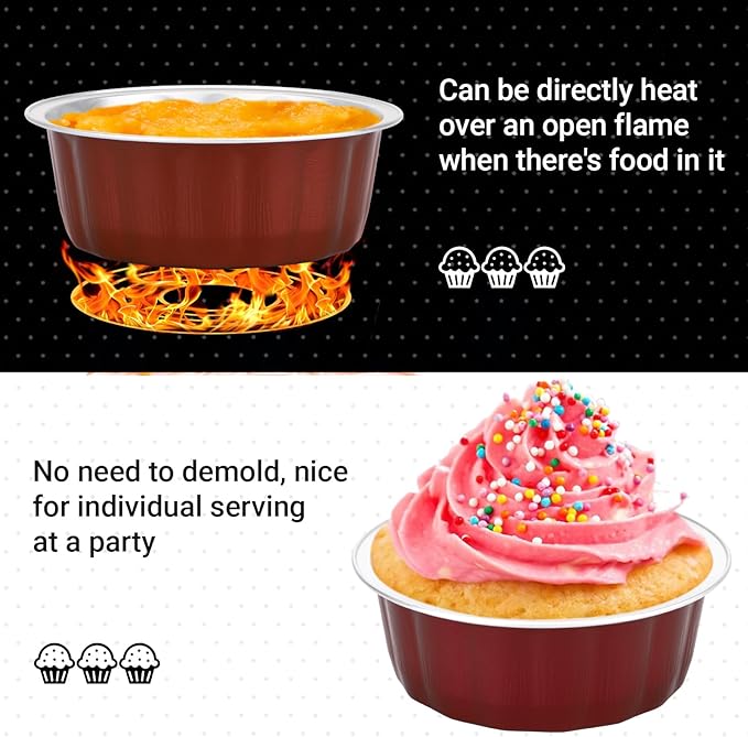 Beasea Aluminum Baking Cups, 8oz 200 Pack Disposable Ramekins Foil Cups Baking 3.9" Ramekin Cup Cupcake Aluminum Mini Baking Cups for Party - Wine Red