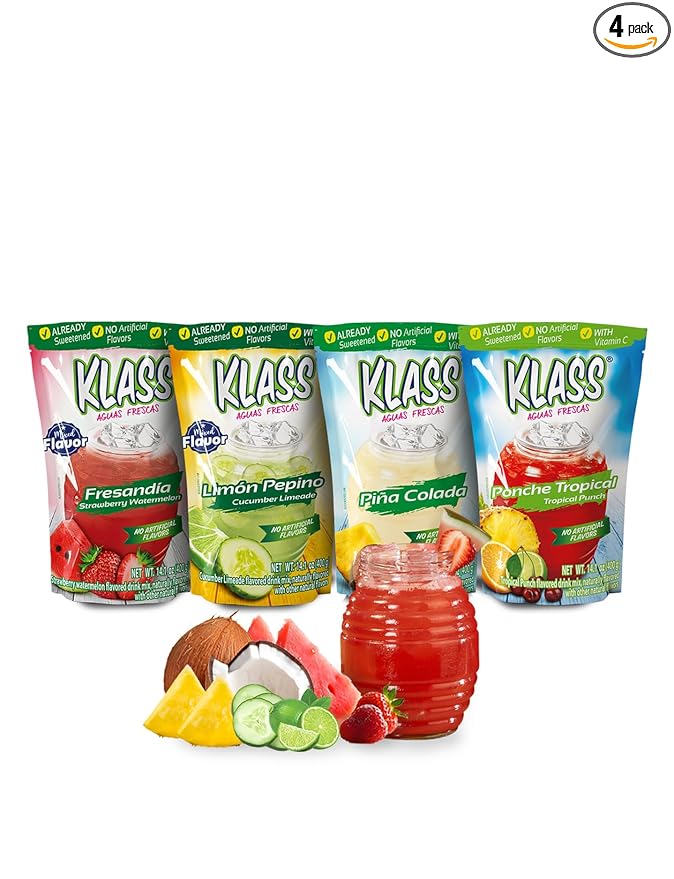 Klass Aguas Frescas | Drink Mix | Variety Pack Of Mixed Flavors | Pina Colada, Cucumber Limeade, Tropical Punch & Strawberry Watermelon | Flavors From Natural Sources, No Artificial Flavors With Vitamin C (Makes 7 to 9 Quarts) 14.1 Oz Family Pack (4-Pack)