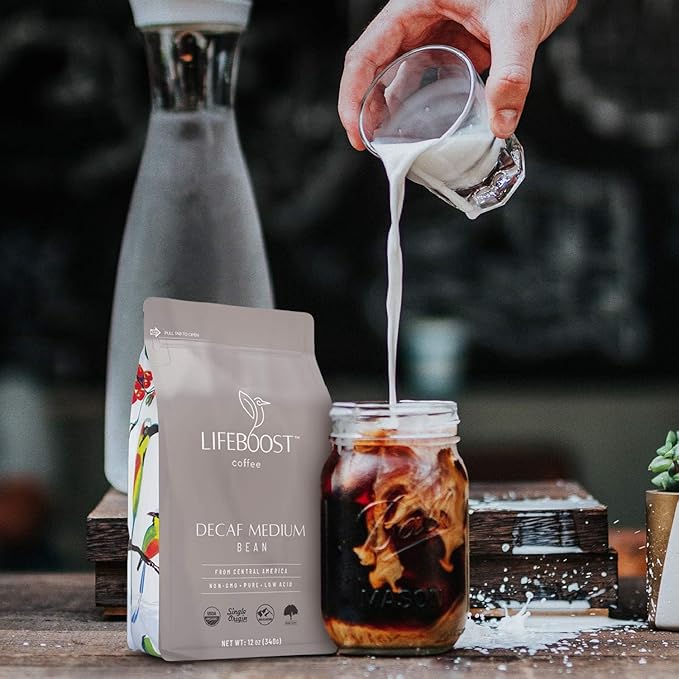 Lifeboost Medium Roast Decaf Coffee Beans ??Organic Low Acid Swiss Water Decaf ??Whole Bean Coffee ??Third Party Tested for Mycotoxins & Pesticides ??Chemical Free ??12 oz