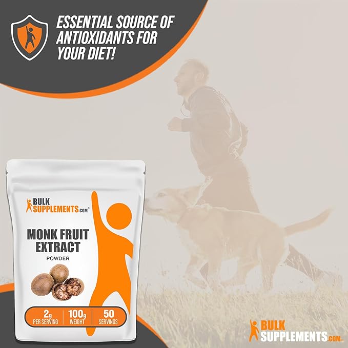 BulkSupplements.com Monk Fruit Extract Powder - Luo Han Guo Extract, Monk Fruit without Erythritol - 50 Servings, Gluten Free, 2g per Serving, 100g (3.5 oz) (Pack of 1)