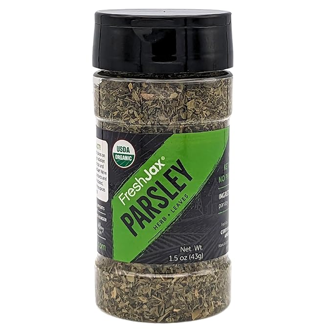 FreshJax Organic Parsley Leaves ??1.5 oz Bottle, Certified Organic & Kosher, Non-GMO, Gluten-Free, Keto, Paleo, No Preservatives ??Dried Parsley Herb for Cooking, Garnish & Seasoning