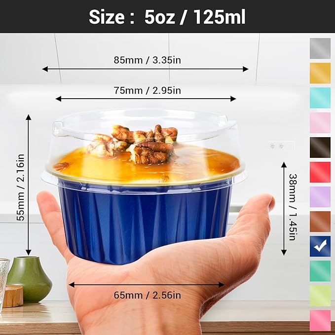 EUSOAR Disposable Ramekins with Lids, Royal Blue 50pcs 5oz Creme Brulee Ramekins Disposable, Muffin Liners Cups，Mini Cheesecake Foil Pans Dessert Containers with Lids for Party Favor Birthday