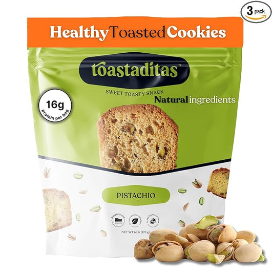Toastaditas Pistachio Toasted Cookies, 16g of Protein, Natural Ingredients, No Artificial Flavors, Healthy Snacks for kids and adults (3-Pack, Pistachio)