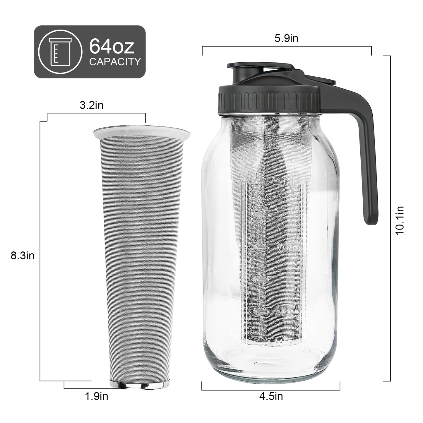QHH Cold Brew Coffee Maker,64 oz Mason Jar Pitcher with Stainless Steel Filter, Pour Spout Handle
