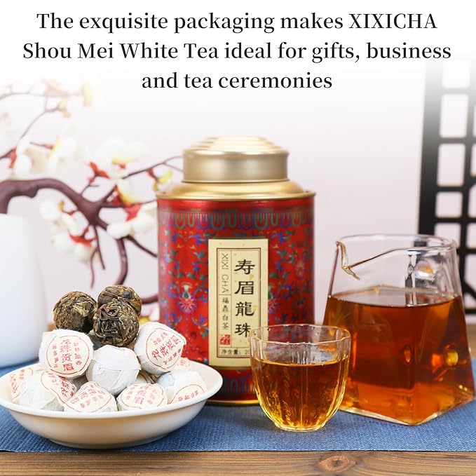 XIXICHA Shou Mei White Tea Pearls Tea Aged White Tea Dragon Pearls Tea Shoumei Tea Fuding White Tea Balls Chinese Tea White Bai Cha Long Zhu 白茶 寿眉 老白茶 福鼎白茶 寿眉龙珠