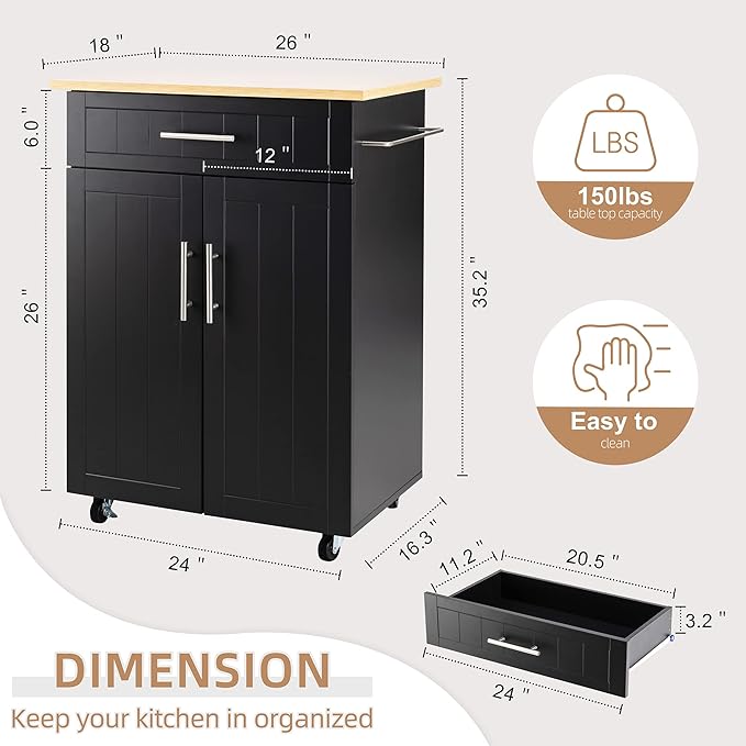 Shintenchi Kitchen Island Cart with Storage,Rolling Kitchen Island Side Table on Wheels with Worktop,Single Door Storage Cabinet and Drawer for Kitchen,Dinning Room, Black