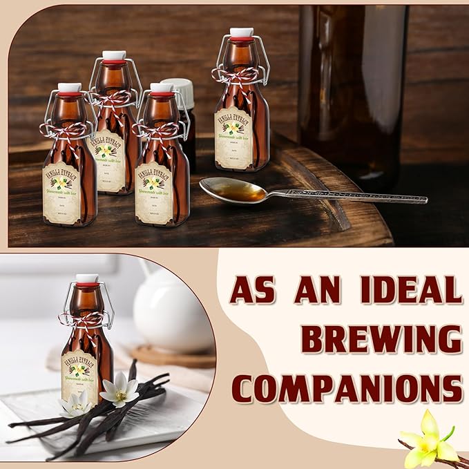 Uiifan 12 Pcs 4 oz Amber Swing Top brown Square Glass Bottles for Vanilla Extract with Caps and Cotton Twines Label Flip Top Glass Bottle for Home Vanilla Brew Oil Beer Tea Supply