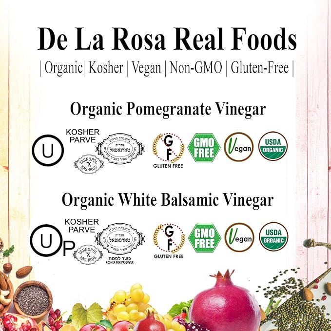 De La Rosa Organic Pomegranate and White Balsamic Vinegar, Vegan, Kosher, Non-GMO & Gluten Free, Great for Salad Dressings, Marinades & More, 8.45 Oz (Pack of 2)