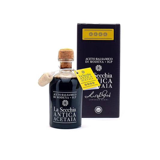 La Secchia - Balsamic Vinegar of Modena PGI "Four Stars", Aged in 16 Juniper Barrels, Medium-High Density, 250 ml Bottle with Cork Pourer