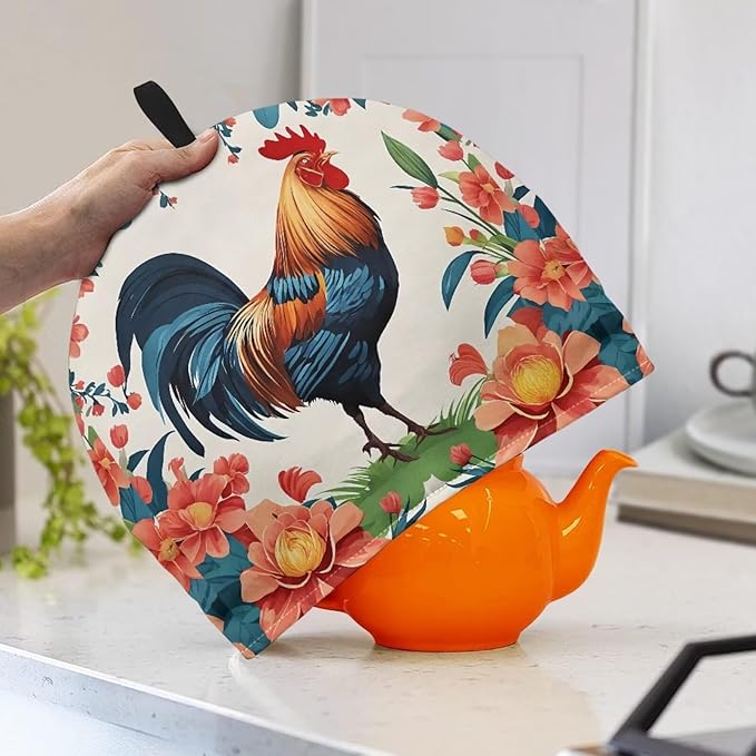 Rustic Farmhouse Teapot Dust Cover Tea Cozy for Teapot,Foldable Kitchen Kettle Dust Cover Tea Pot Decorative Cover for Kitchen,Tea Cosy with Vibrant Rooster (White)