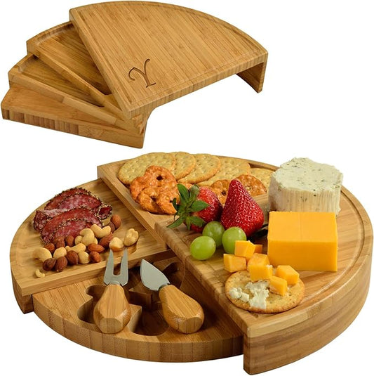 Picnic at Ascot Patented Personalized Monogrammed Engraved Bamboo Cheese/Charcuterie Board with Cheese Knives- Designed & Quality Checked in The USA