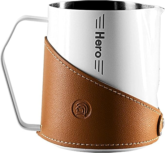 Milk Frothing Pitcher 450ml/16oz 304 Stainless Steel Espresso Steaming Pitcher with PU Leather, Milk Frothing Jug,milk frother cup,Milk Jug Cup,Premium Barista Tools,Latte Art (WHITE,16oz)
