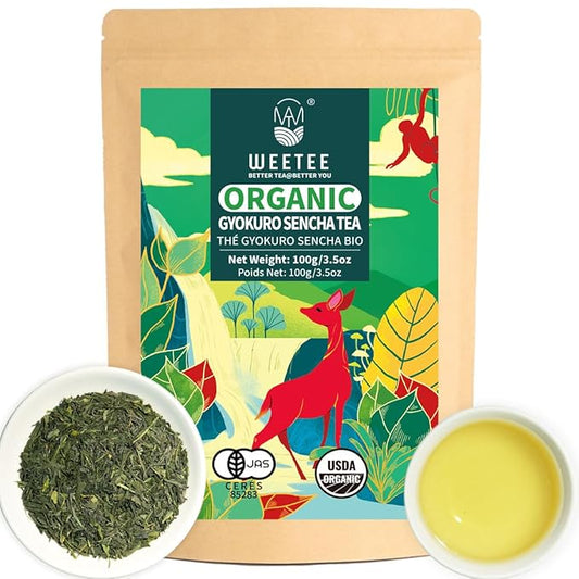 WT WEETEE Organic Sencha Green Tea, Organic Steamed Sencha Green Tea Loose Leaf, Shade Grown Gyokuro 100g/3.5oz, Smooth & Refreshing, Natural Caffeine & Antioxidant