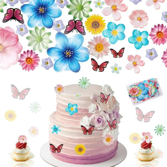 55 Pcs Edible Flowers Cake Decorations - Edible Wafer Paper Flowers & Butterflies Cupcake Toppers for Wedding Birthday Party Cake Decorating (Mixed Size & Colour)