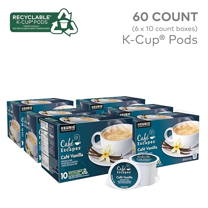 Café Escapes Café Vanilla Coffee Beverage, Single-Serve K-Cup Pods, 60 Count