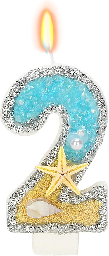2nd Birthday Candle for Cake, Beach Starfish Sequins Candles, 2.76 inch Cake Topper Decoration for Birthday Party (Number 2)