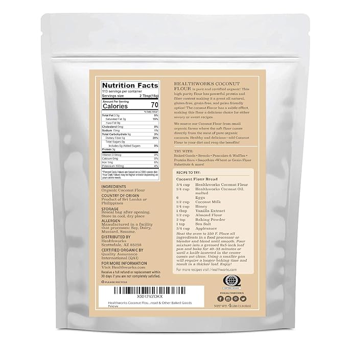 Healthworks Superfoods Organic Coconut Flour - 64 Oz / 4 Lbs - Certified Organic, Unrefined, Raw - Keto, Vegan & Non- GMO - Protein Based Whole Foods - Pancakes, Waffles, Bread & Other Baked Goods