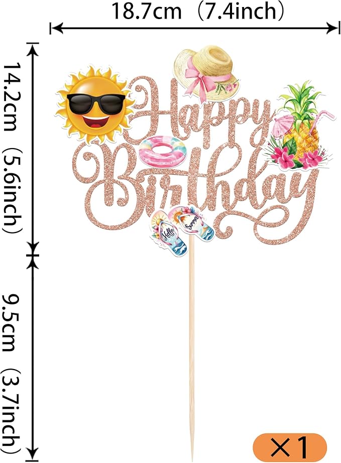 1 PCS Summer Beach Happy Birthday Cake Topper Glitter Sun Flip-Flops Pineapple Flatator Hat Cake Pick Pool Birthday Cake Decorations for Tropical Hawaiian Luau Baby Shower Party Supplies Rose Gold
