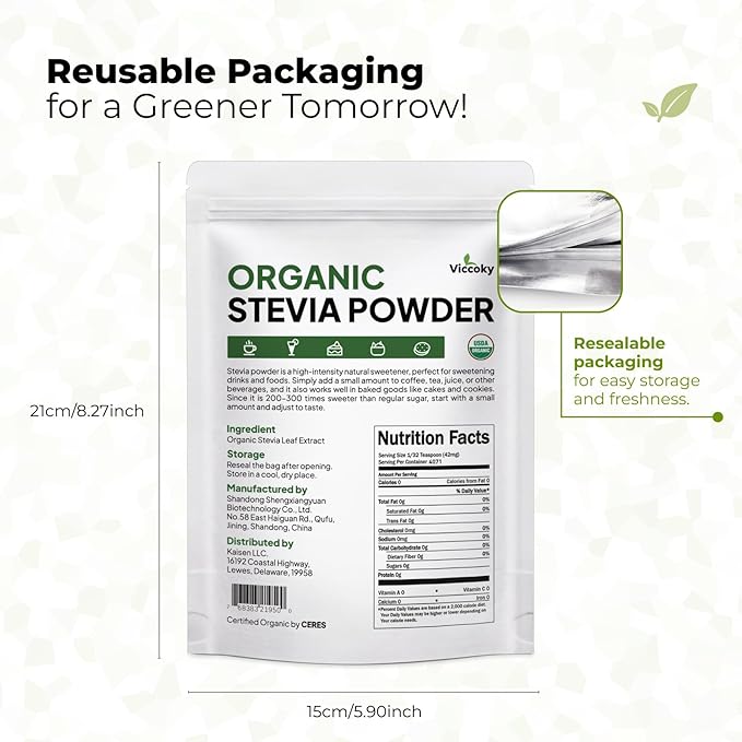 Viccoky Organic Stevia Powder 6oz (171g), Pure Stevia Extract Powder, Sugar-Free & 0 Calories, No