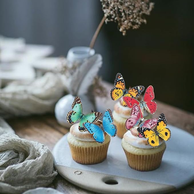 40 Pack Edible Butterfly Cake Decorations, Colorful Cupcake Toppers for Birthday & Wedding Parties