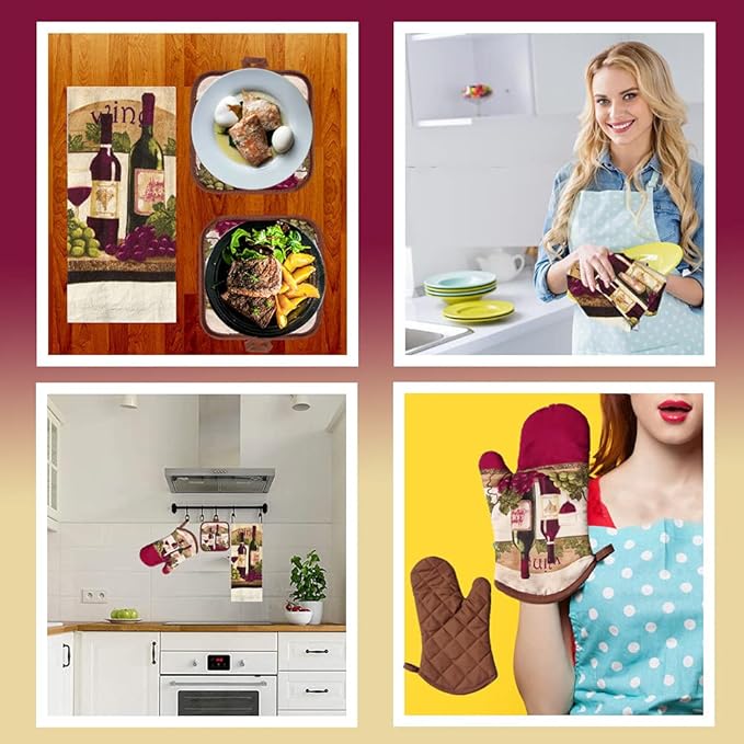 Lobyn Value Packs - Wine Lover?셲 Kitchen Set: 5 Pieces with Grape & Wine Bottle Motif, includes 2 Artistic Dish Towels, Oven Mitt, and 2 Quilted Potholders