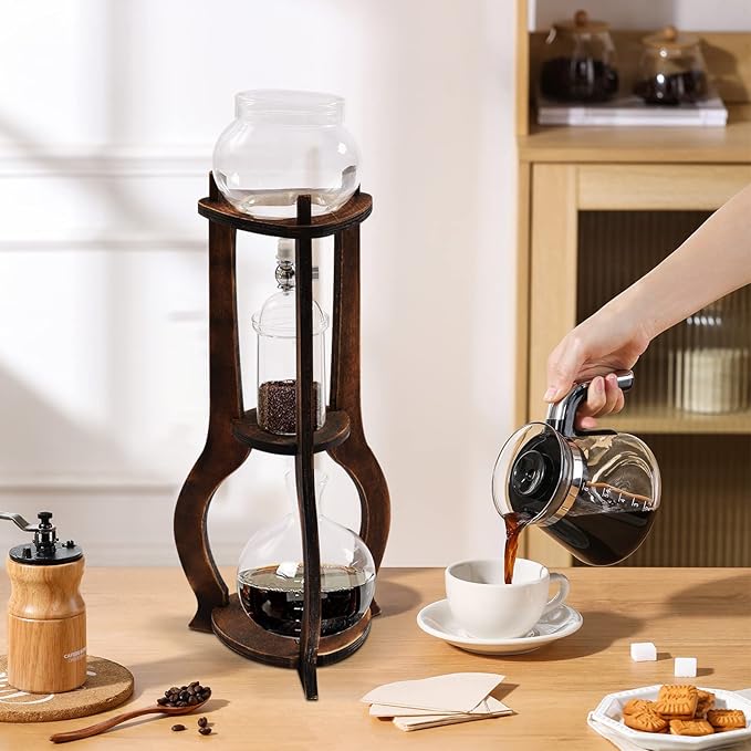 Cold Brew Drip Coffee Maker, 600ml/20.29 Ice Coffee Brewer Machine Cold-Drip Coffee Tower with Glass Container Wood Stand for Home Office
