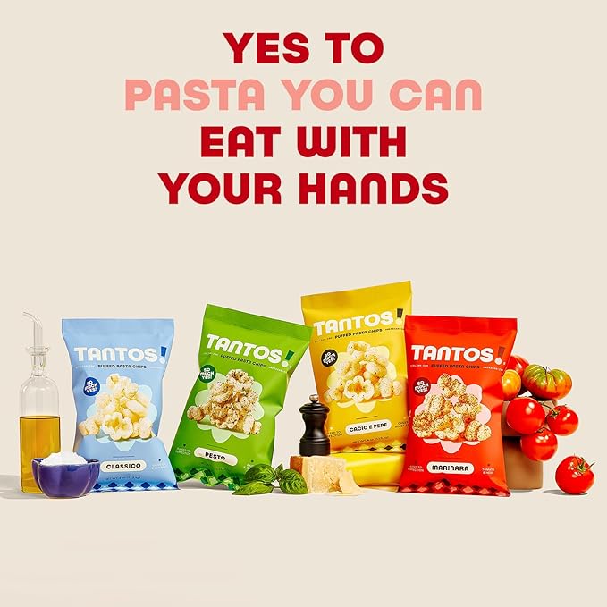 Tantos! Puffed Pasta Chips ??Healthy Pasta Snack by Top Chef Joe Sasto ??Plant-Based, Low Calorie, Crunchy Chips ??Variety Pack ??Marinara, Pesto, Cacio e Pepe, Classico ??Gourmet Bold Flavors (1oz-24 Pack (6 of Each Flavor), Variety)