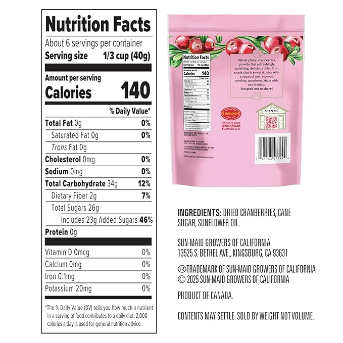Sun-Maid Farmstand Reserve Whole Dried Cranberries - 8 oz Bag (Pack of 4) - Total of 32 Ounces